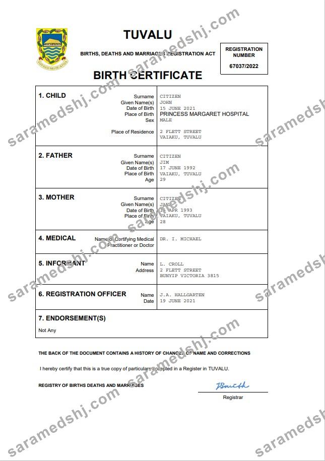 Tuvalu birth certificate Word and PDF template
